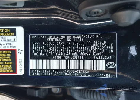 2017 Toyota Camry Xle из США, поврежденный, VIN 4T1BF1FK8HU698749